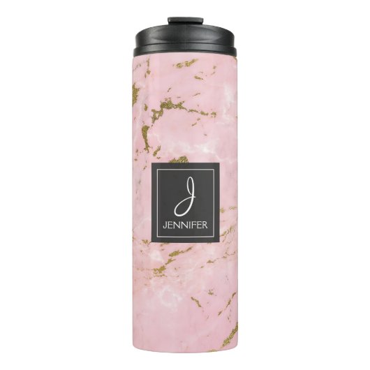 Roze Rose Goud Marmer Elegant Monogram Thermosbeker (Voorkant)