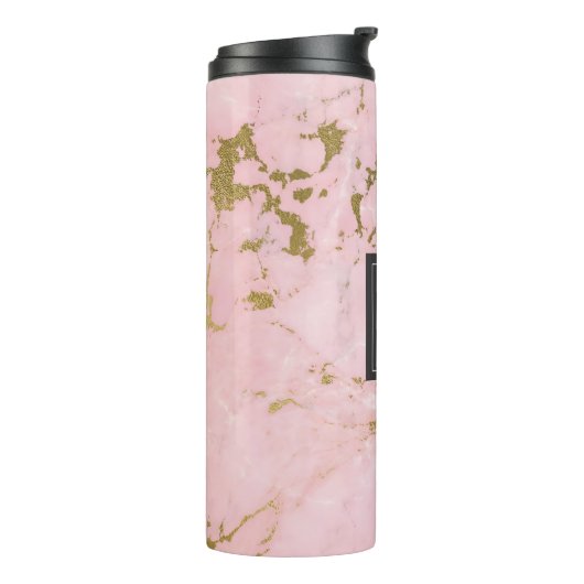 Roze Rose Goud Marmer Elegant Monogram Thermosbeker (Gedraaid links)