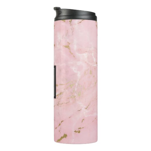 Roze Rose Goud Marmer Elegant Monogram Thermosbeker (Geroteerd rechts)