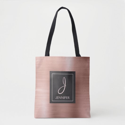 Roze Rose Goud Metaal Elegant Monogram Boekentas Tote Bag (Voorkant)