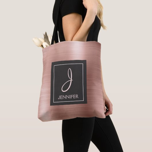 Roze Rose Goud Metaal Elegant Monogram Boekentas Tote Bag (Dichtbij)