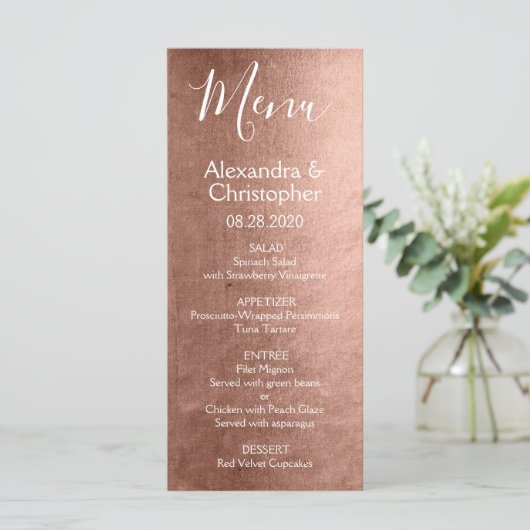 Roze Rose Goud Modern en Elegant Bruiloft Menu (Staand voorkant)