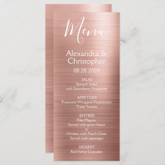 Roze Rose Goud Modern en Elegant Bruiloft Menu (Voorkant / Achterkant)