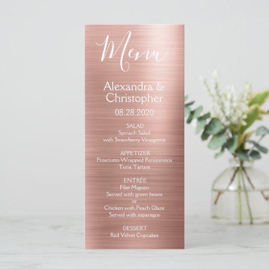 Roze Rose Goud Modern en Elegant Bruiloft Menu (Staand voorkant)