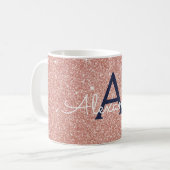 Roze Rose Goud Navy Blauw Sparkle Glitter Monogram Koffiemok (Voorkant links)