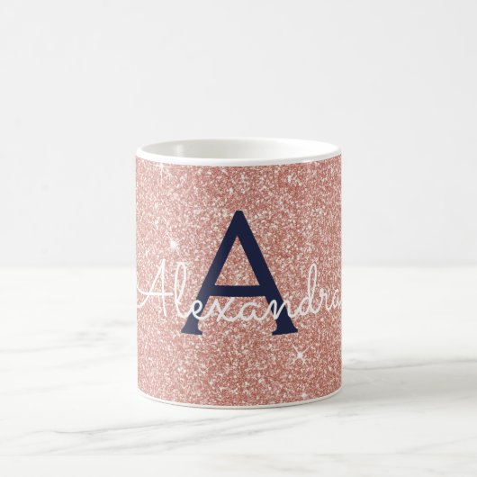Roze Rose Goud Navy Blauw Sparkle Glitter Monogram Koffiemok (Center)