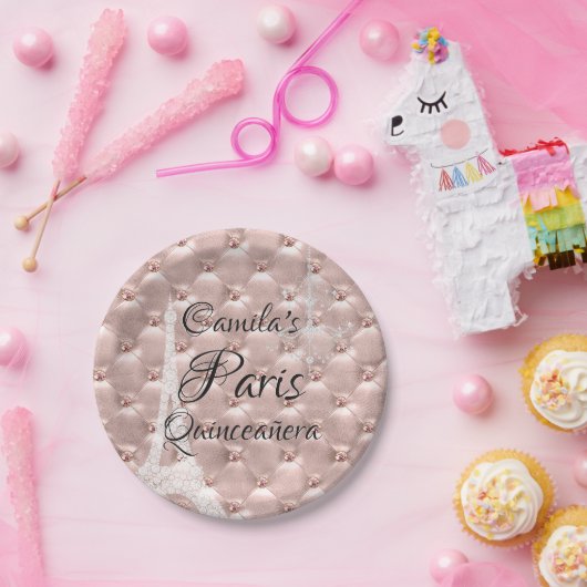 Roze Rose Goud Parijs Quinceañera Viering Papieren Bordje (Feest)