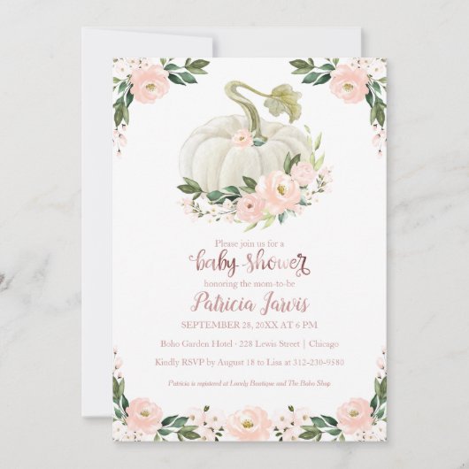 Roze Rose Goud Pompoen Meisje Baby shower Invitati (Voorkant)