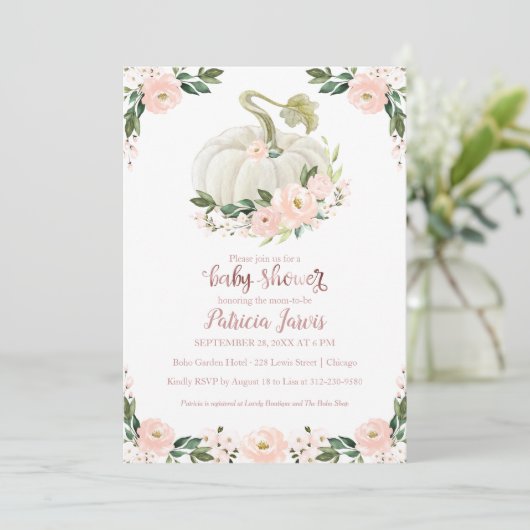Roze Rose Goud Pompoen Meisje Baby shower Invitati (Staand voorkant)