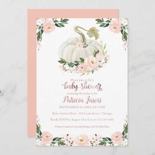Roze Rose Goud Pompoen Meisje Baby shower Invitati (Voorkant / Achterkant)