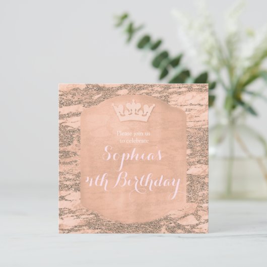 Roze Rose Goud Prinses Kroonfeestuitnodiging Kaart (Staand voorkant)