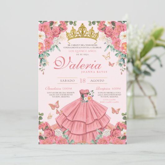 Roze Rose Goud Prinses Vlinder Quinceanera Kaart (Staand voorkant)