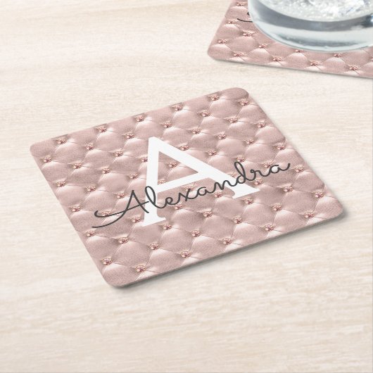 Roze Rose Goud Schattige  Monogram Verjaardag Kartonnen Onderzetters (Schuin)