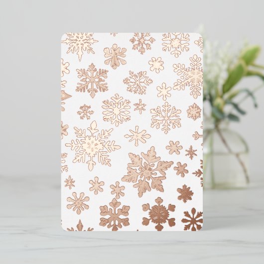 Roze Rose Goud Sneeuwvlok Foto Folie Vakantie Kaar Folie Uitnodiging (Staand Voorkant)