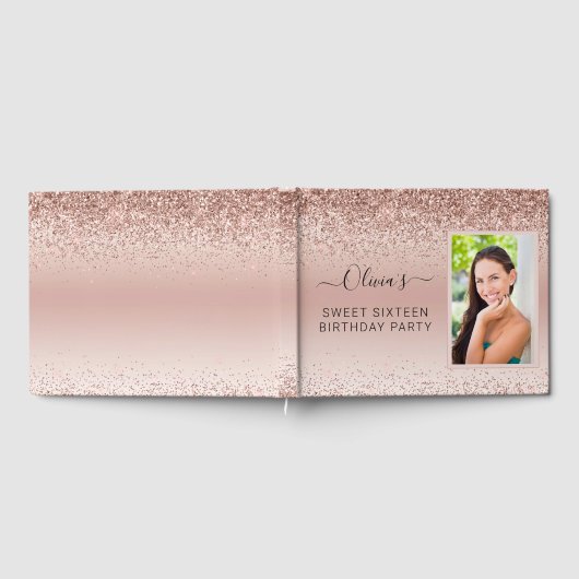 Roze Rose Goud Sparkle Glitter Foto 16e Verjaardag Gastenboek (Volledig)