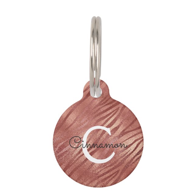 Roze Rose Goud Tijger Print Monogram Naam Huisdierpenning (Voorkant)