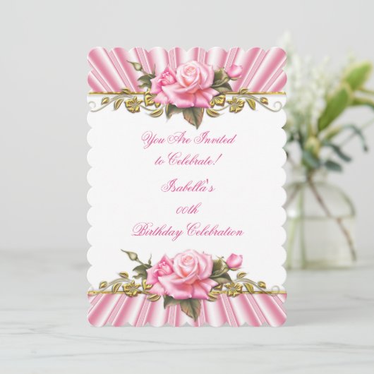  Roze Rose Goud Wit Verjaardagsfeestje Kaart (Staand voorkant)