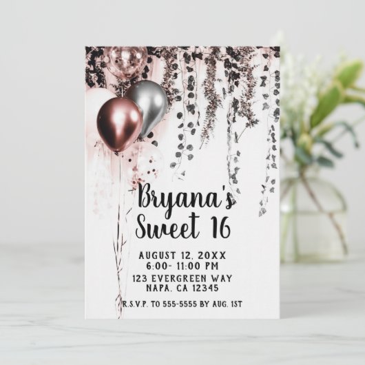 Roze Rose Goud Zilveren Ballonnen Rustiek Ivy Swee Kaart (Staand voorkant)