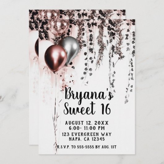 Roze Rose Goud Zilveren Ballonnen Rustiek Ivy Swee Kaart (Voorkant / Achterkant)