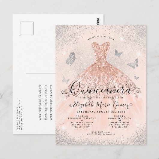 Roze Rose Goud Zilveren Glitter Gown Quinceanera Briefkaart (Voorkant / Achterkant)
