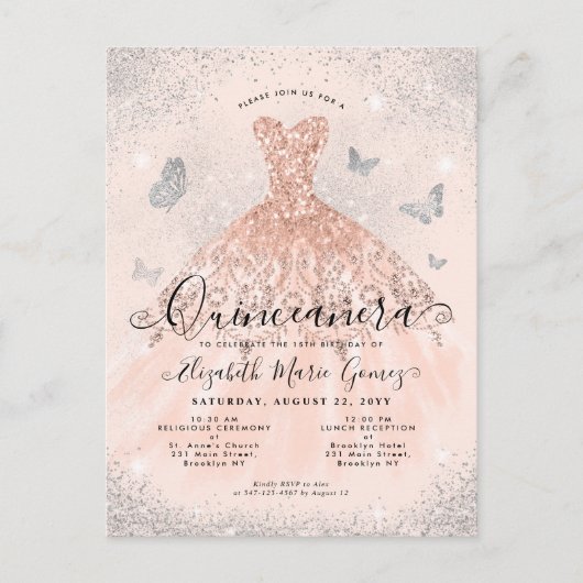Roze Rose Goud Zilveren Glitter Gown Quinceanera Briefkaart (Voorkant)