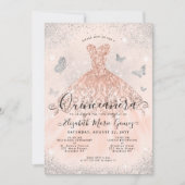 Roze Rose Goud Zilveren Glitter Gown Quinceanera Kaart (Voorkant)