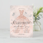 Roze Rose Goud Zilveren Glitter Gown Quinceanera Kaart (Staand voorkant)