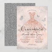Roze Rose Goud Zilveren Glitter Gown Quinceanera Kaart (Voorkant / Achterkant)