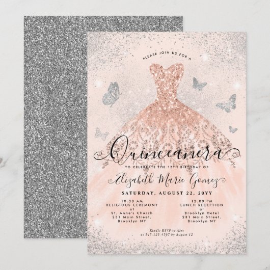 Roze Rose Goud Zilveren Glitter Gown Quinceanera Kaart (Voorkant / Achterkant)