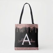 Roze Rose Goud Zwart Glitter Elegant Monogram Tote Bag (Voorkant)