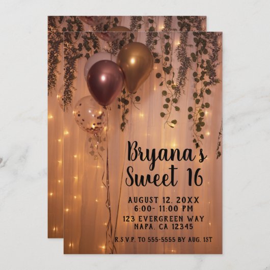 Roze Rose Gouden Ballonnen Lichten Rustieke Ivy Sw Kaart (Voorkant / Achterkant)