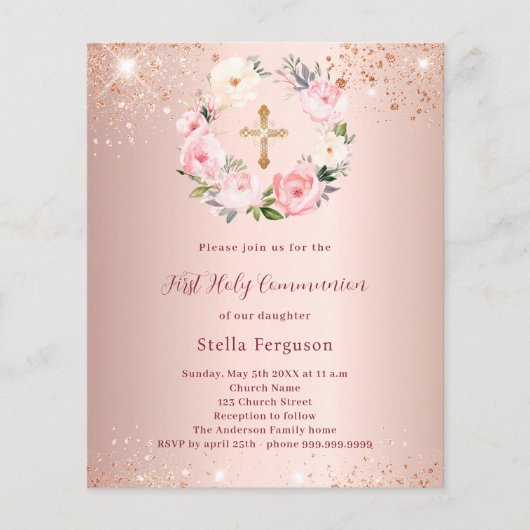 Roze rose gouden bloemen Eerste Communie uitnodigi (Voorkant)