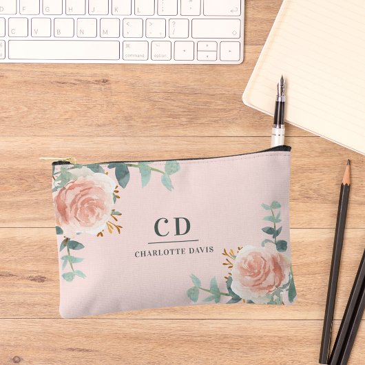 Roze rose gouden bloemen groen naam monogram etui