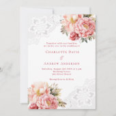 Roze rose gouden bloemen witte kant bruiloft kaart (Voorkant)