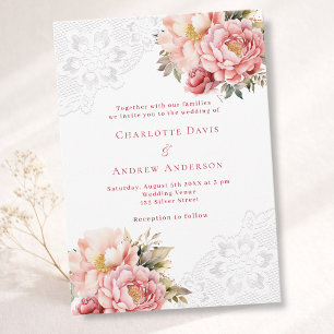 Roze rose gouden bloemen witte kant bruiloft kaart