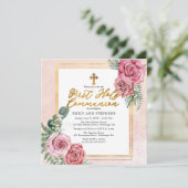 Roze Rose |Gouden Floral Lijst Eerste Heilige Comm Kaart (Staand voorkant)