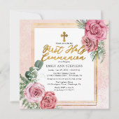 Roze Rose |Gouden Floral Lijst Eerste Heilige Comm Kaart (Voorkant)
