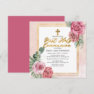 Roze Rose  Gouden Floral Lijst Eerste Heilige Comm Kaart