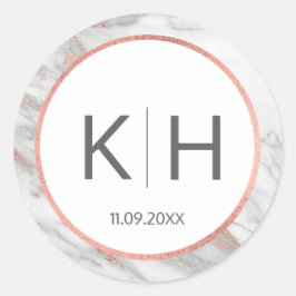 ROZE ROSE Gouden FOLIE Marmeren Bruiloft Monogram  Ronde Sticker