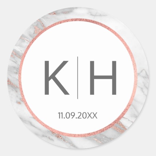 ROZE ROSE Gouden FOLIE Marmeren Bruiloft Monogram  Ronde Sticker (Voorkant)