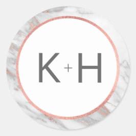 ROZE ROSE Gouden FOLIE Marmeren Bruiloft Monogram  Ronde Sticker