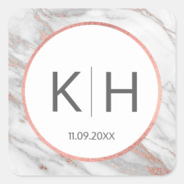 ROZE ROSE Gouden FOLIE Marmeren Bruiloft Monogram  Vierkante Sticker