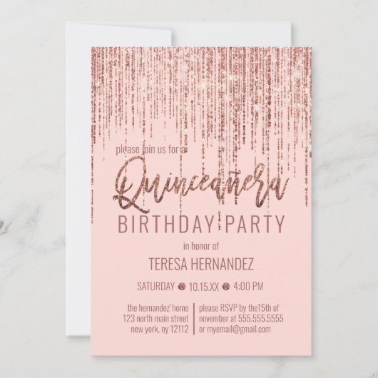 Roze Rose Gouden Glitter Fringe Gordijn Quinceañer Kaart (Voorkant)