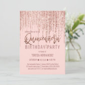 Roze Rose Gouden Glitter Fringe Gordijn Quinceañer Kaart (Staand voorkant)