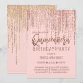 Roze Rose Gouden Glitter Fringe Gordijn Quinceañer Kaart (Voorkant / Achterkant)