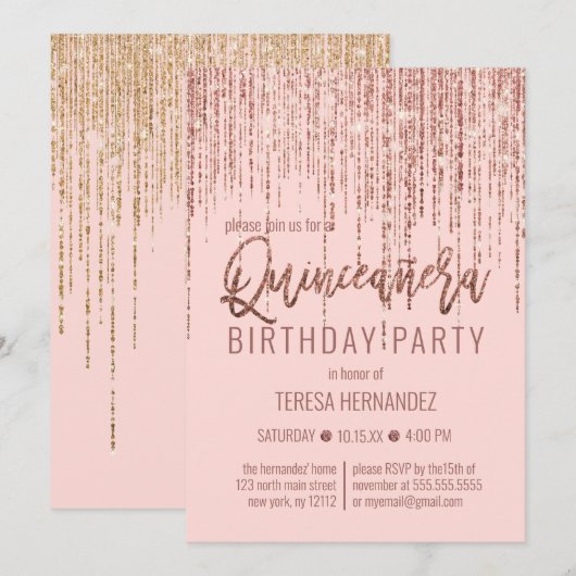 Roze Rose Gouden Glitter Fringe Gordijn Quinceañer Kaart (Voorkant / Achterkant)