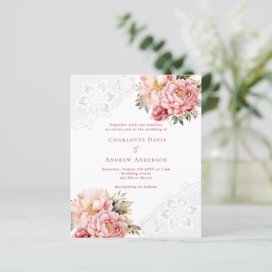 Roze rose gouden kant bloemen bruiloft uitnodiging (Staand voorkant)