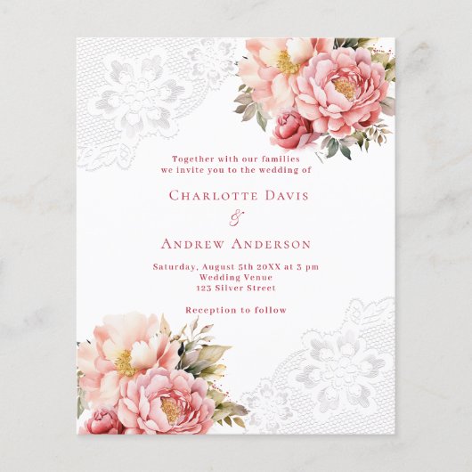 Roze rose gouden kant bloemen bruiloft uitnodiging (Voorkant)