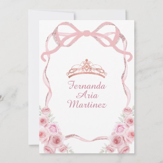 Roze Rose Gouden Kroon Bloemen Bow Ribbon Mis Quin Kaart (Achterkant)