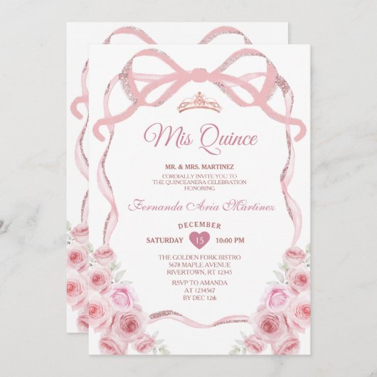 Roze Rose Gouden Kroon Bloemen Bow Ribbon Mis Quin Kaart (Voorkant / Achterkant)